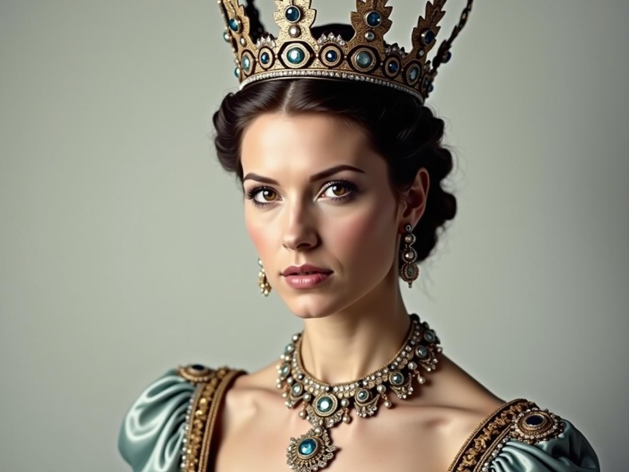 The image shows a woman wearing a crown and royal attire. She has a serious expression and is adorned with elaborate jewelry around her neck. The background is plain, emphasizing her regal appearance. The crown is intricately designed, reflecting her royal status. Her outfit includes ornate decorations, showcasing the fashion of her era. The overall presentation conveys a sense of dignity and authority.