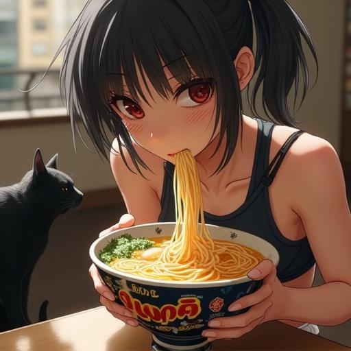 Photorealistic image of a 20-year-old Japanese woman enjoying Sanuki udon noodles. She wears gym clothes featuring a character design. A futuristic black cat is in the background. The focus is on her as she slurps the noodles. The lighting highlights the colors and details, creating a dynamic composition.