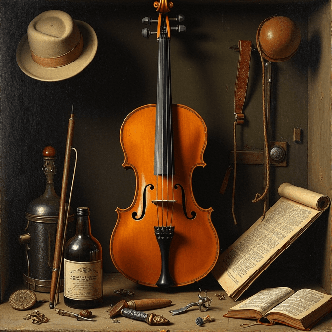 A violin centered among vintage items like an open book, a hat, and a bottle in a shadowed wooden shelf.