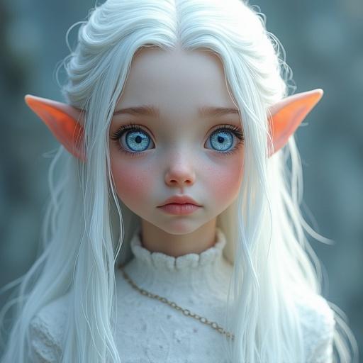 Child female elf character features sky-blue eyes long white hair and pale skin