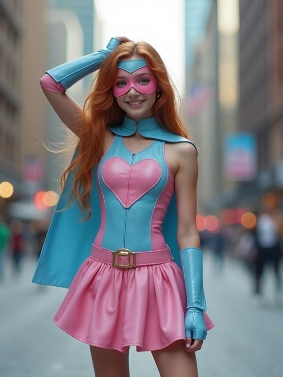 Photorealistic image of a cute teenaged girl with long auburn hair and a cute smile. She wears a light blue and pink patterned leather leotard costume with a heart theme, complete with a cape and mask. The costume includes bracers and knee boots, with a small pink skirt. She poses with one arm behind her head in a modern city street, featuring depth of field and surroundings of blurred bystanders.