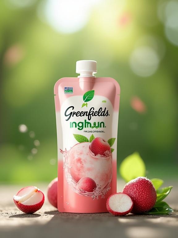 Product showcased is Greenfields yoghurt pouch. The pouch features bright colors and a lychee flavor theme. Natural outdoor setting conveys freshness. Young adults enjoying active lifestyle surround the product. Emphasis on health and wellness benefits.