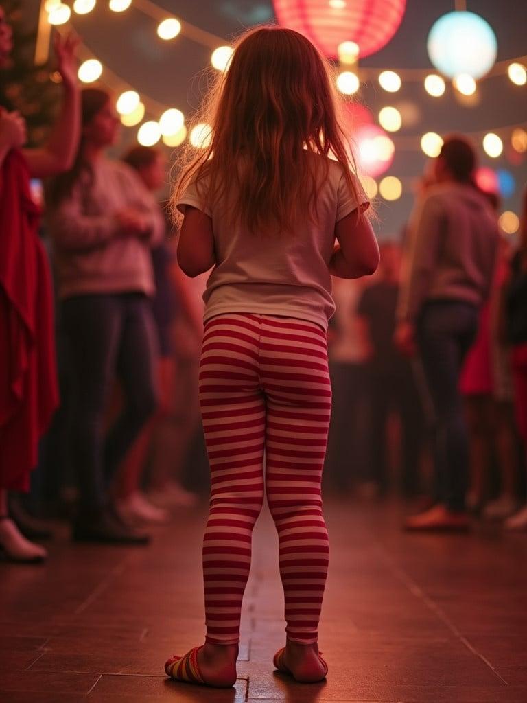 Child at a party wearing red and white striped leggings. She stands with her back to the camera. The atmosphere is cheerful and festive. Many lights are in the background. The child appears to be enjoying the moment.