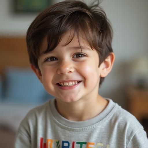 Portrait of a cute boy smiling brightly. Boy has light brown hair and wears a gray t-shirt. Background is soft and blurred.