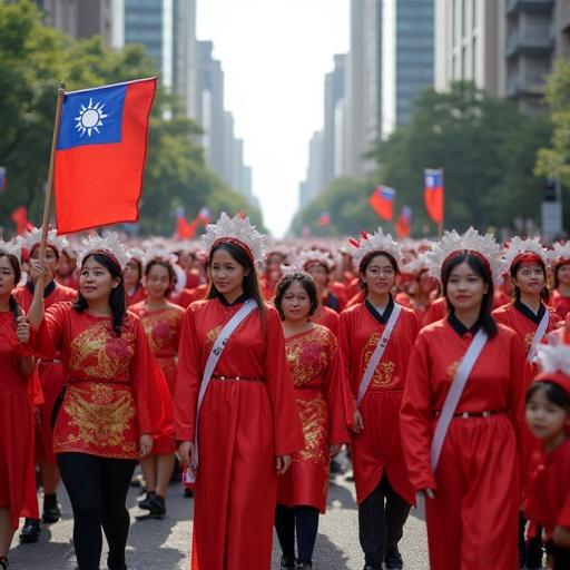 People are participating in a parade in Taiwan. They are dressed in red traditional costumes. Flags are waved prominently. A large crowd is present on a busy street.