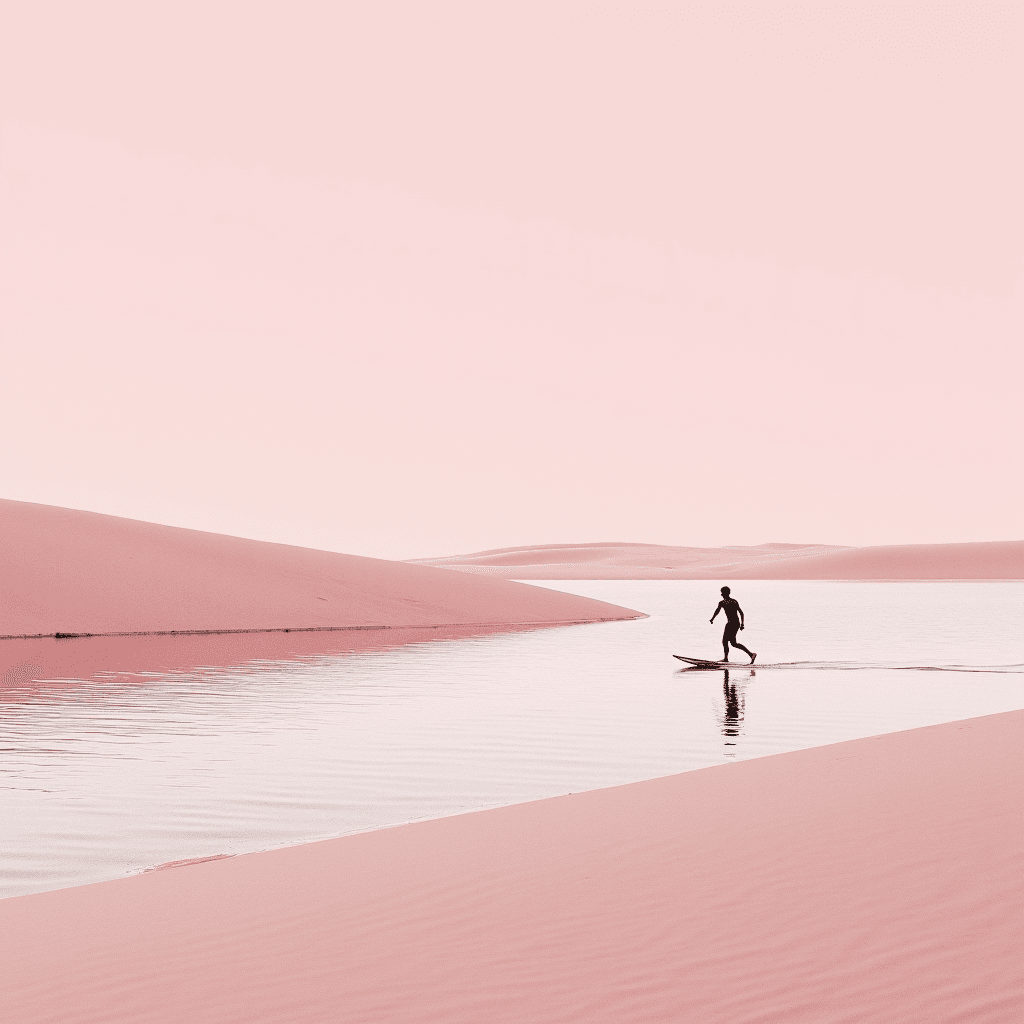 A person glides across a calm, pink-hued water landscape with a serene sky.