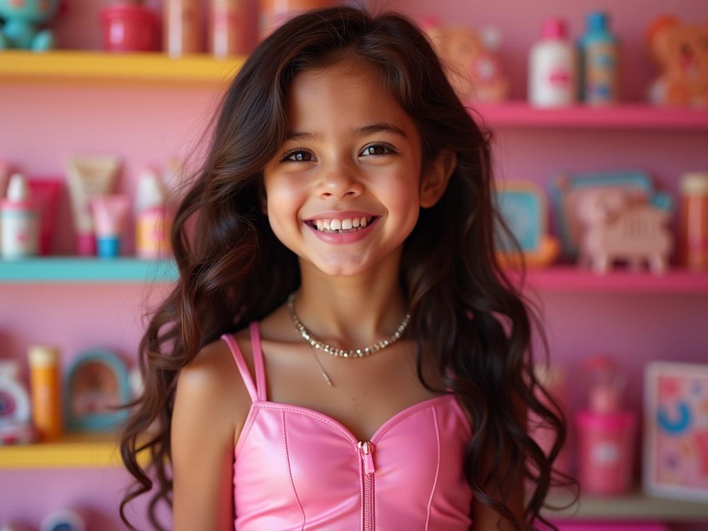 A young girl with long, dark brown hair styled in loose waves, wearing a pink latex outfit that features a structured bodice. She has a light skin tone and is smiling, showcasing shiny pink glossy lips. Her accessory includes a choker necklace. The background features shelves filled with colorful toys and beauty products, creating a playful atmosphere. The lighting highlights her features, adding a warm glow.