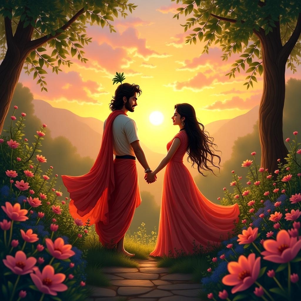 A vibrant romantic garden scene features Radha and Krishna. They hold hands while watching a sunset. Breathtaking flowers surround them. The atmosphere is filled with love and spirituality.