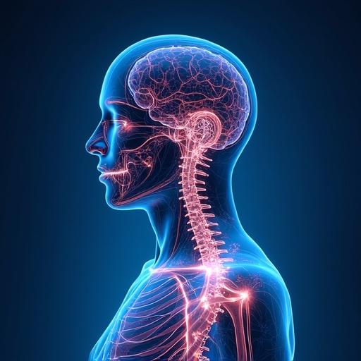 Promo image for a medical AI app showing human anatomy in detail. Highlight brain and spine structures in vibrant colors. Focus on a modern and professional design suitable for an app page.