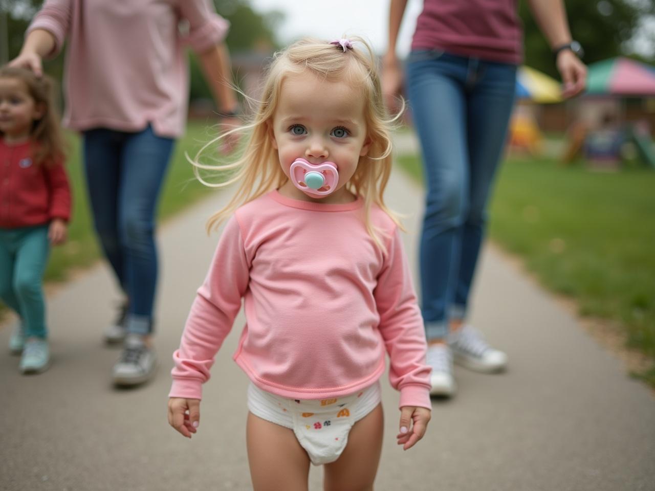 A young girl with long blond hair and emerald green eyes stands confidently in a playground. She wears a long sleeve pink t-shirt and a diaper, showcasing a playful innocence. The background shows blurred figures of her parents, emphasizing a family-oriented moment. A pacifier is in her mouth, adding to the toddler aesthetic. The scene is filled with natural light, symbolizing happiness and freedom in childhood. Bright colors of the playground equipment create a vibrant, joyful atmosphere.