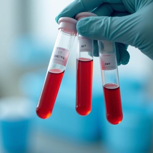 Three blood sample test tubes are held in a gloved hand. The test tubes contain dark red blood samples. A laboratory setting is visible in the background.