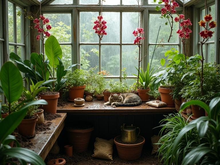 A cozy greenhouse filled with lush tropical plants and orchids. A rustic wooden potting bench cluttered with terracotta pots and a vintage brass watering can. Soft morning light filters through the glass panes. A calico cat sleeps on a potting mix sack.
