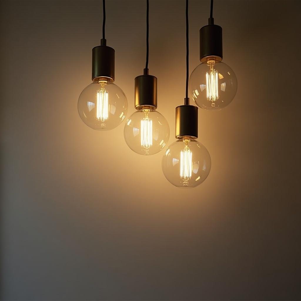 A collection of modern light fixtures hanging from the ceiling An elegant arrangement of glass bulbs illuminating a simple background