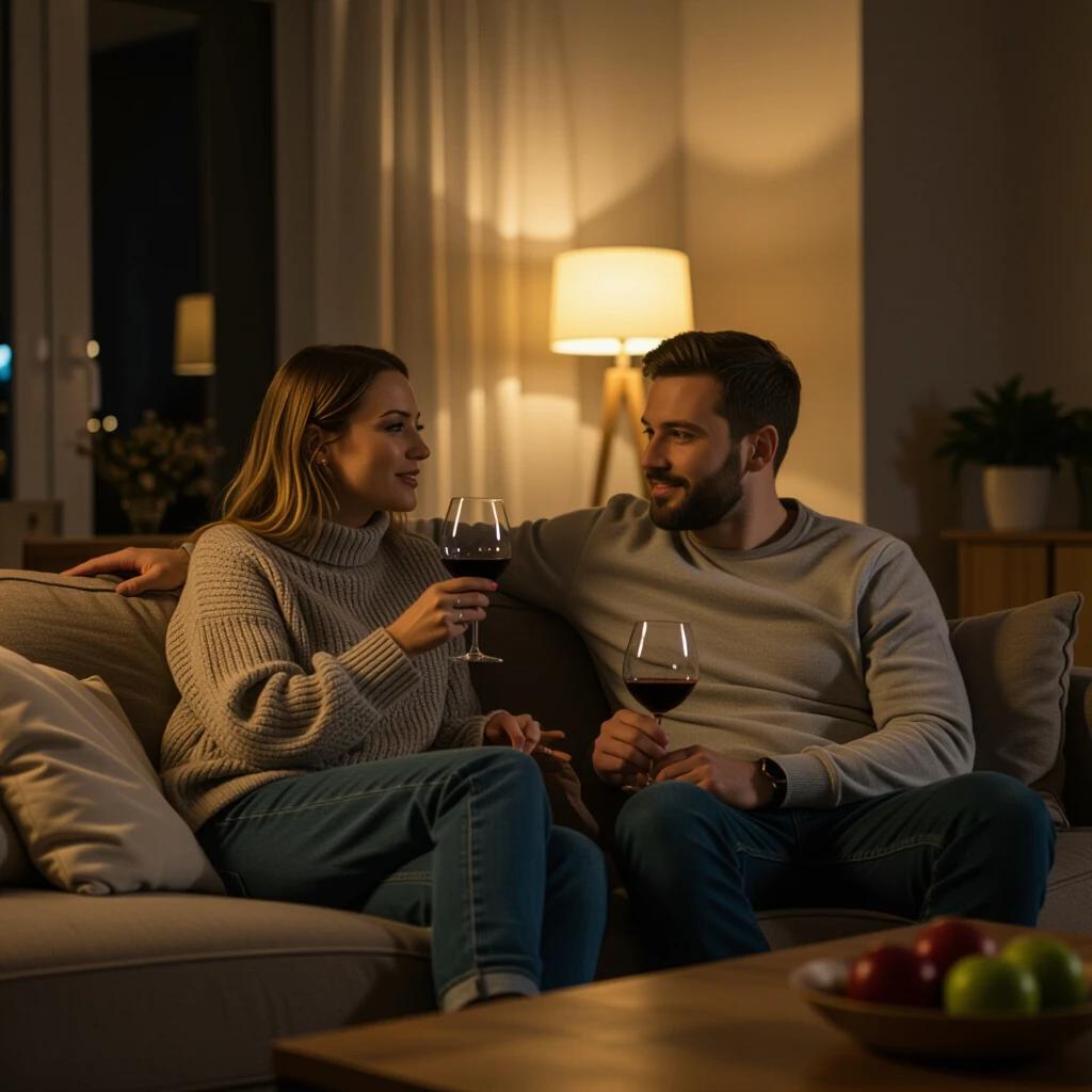 Casually dressed couple relaxing on a sofa in a dimly lit living room. Woman is holding a wine glass. Man is also holding a wine glass. The scene has a cozy atmosphere. The lighting is soft and warm.