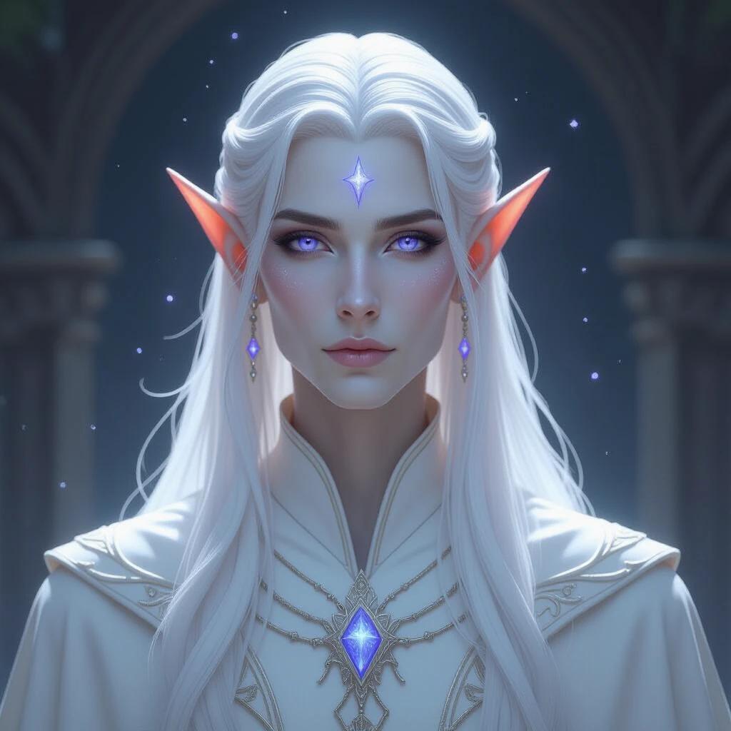 Stunningly realistic portrait of an ethereal elf saint named Vaelion. Tall, slender figure with pale, pearlescent skin. Symmetrical face with high cheekbones and pointed ears. Large violet eyes spark with starlight. Flowing silver hair cascades elegantly. Wearing ivory and silver robes with moss-green accents. Serene posture with hands at sides, one cradling a blooming oak branch. Background features a primordial forest or celestial scene.