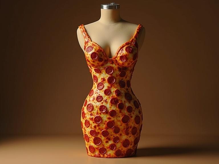 A dress shaped like a pizza with pepperoni toppings displayed on a mannequin. The dress has a sensual design and is captured in soft lighting.