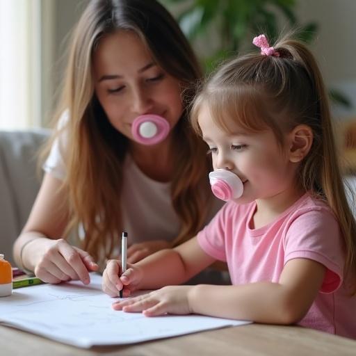 A mother and daughter are sitting together at home. The daughter wears a pink t-shirt. They are doing homework. The mother explains the task to her daughter. They are both smiling and focused on the activity. They are in a cozy, well-lit room.