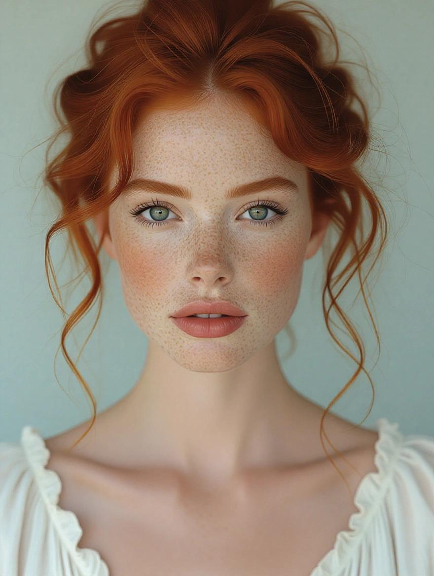 Mid-close-up portrait of a woman with pale freckled skin and red curly hair. Soft expression with pink lips, and a delicate silver stud on her nose. Quiet atmosphere against a black background. Captured in a detailed cinematic style.