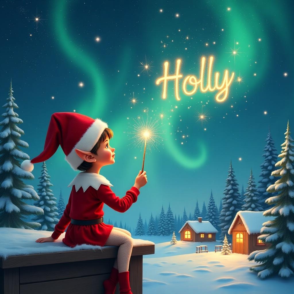 Elf dressed in red outfit with pointed hat. Holds a sparkling wand. Writes 'Holly' in starry sky. Scene features snowy landscape, charming houses, evergreen trees. Under shimmering Northern Lights.