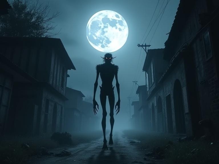 Digital illustration of a terrifying figure in a ruined village under a full moon. Tall non-human figure with long limbs and luminous eyes. Background has dark fantasy elements and mist. Abandoned houses line the dusty path. Full moon provides backlighting.