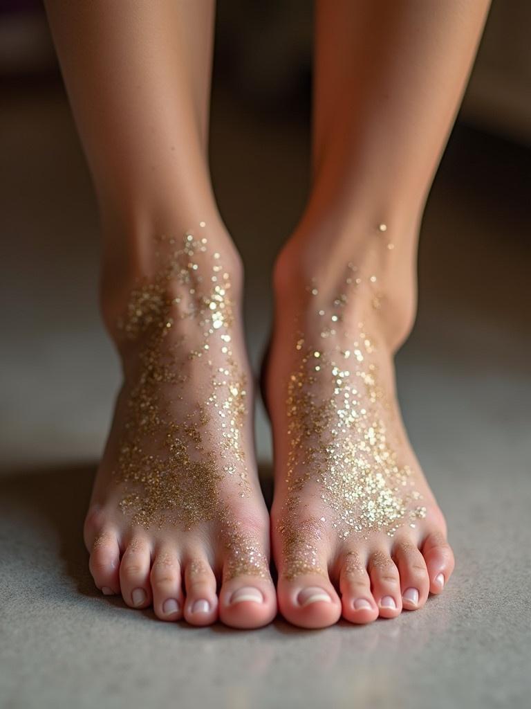 Image of female feet adorned with golden glitter. Focus on toes and ankles. Natural skin tone visible. Glitter sparkles reflect light. Suitable for beauty or fashion themes.