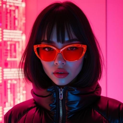 Frontal portrait of a cyberpunk girl in orange visor sunglasses. Features bold eyeliner and glossy lips. Wet bob haircut complements the symmetry of her face. She wears a black glossy puffer jacket. Background displays a neon pink circuit wall with sci-fi panel texture. Captured with dramatic rim and cinematic lighting in high fashion style.