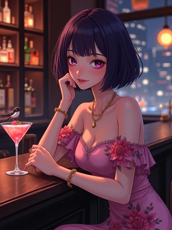 Beautiful illustration of a woman with short dark violet bobbed hair. Large expressive dark violet eyes, fair skin with subtle blush. Thoughtful expression with a slight smile. Leaning on dark wooden bar counter. Wearing an elegant off-the-shoulder soft pink dress with floral patterns and sheer sleeves. Adorned with a delicate gold necklace and bracelet. Scene set in a dimly lit sophisticated bar with ornate wood panels, illuminated alcohol bottles, and pink cocktails. Chic and mysterious ambiance with blurred cityscape lights. Soft glow around lights and drinks, dreamy feel.