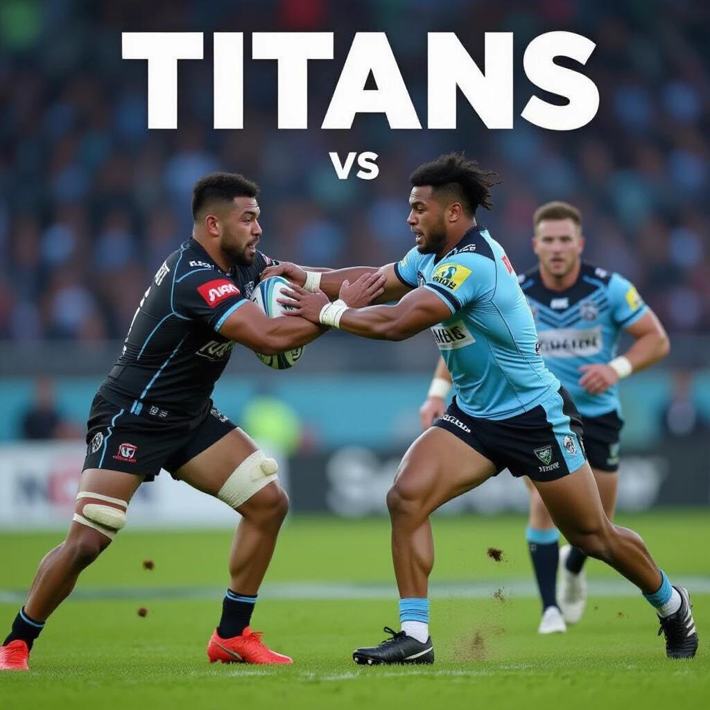Brutal battle between New Zealand Warriors and Titans. Action-packed rugby match. Athletes clashing on the field.