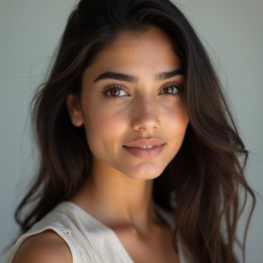 Studio headshot portrait of a young woman in mid-twenties. Expression climactic, overwhelming pleasure. Soft, flattering lighting with catchlight in eyes. Background off-white or gray seamless paper. Shallow depth of field, blurred bokeh. Captured with high-end professional camera and premium portrait lens. Clean, refined, cinematic look that showcases natural beauty.
