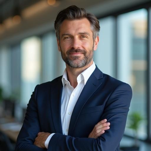 High resolution image of businessman in modern office. Male in formal attire with confident pose. Professional atmosphere with bright lighting.