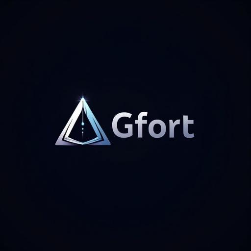 A logo design for Gfort, a tech agency. The design features a sleek, futuristic wordmark integrating space elements. The letter A symbolizes ambition, resembling a geometric rocket. An orbital ring is placed above the letter I with a minimal star. Sharp lines and geometric shapes reflect engineering. Color palette includes deep navy, black, metallic silver, and neon blue. Typography is bold yet minimal, maintaining a corporate identity. Background is clean with a flat design and potential subtle gradients.
