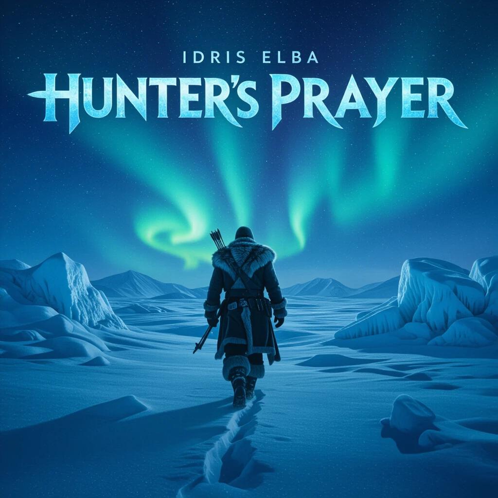 Hunter’s Prayer movie poster features runic-style block letters carved in ice. Idris Elba in wolfskins trudges through a frozen expanse under the glowing aurora borealis. Cold blue tones dominate in 8K detail.
