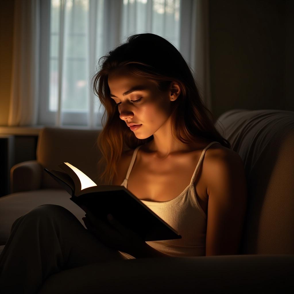 Woman reading a book in a contemplative mood. She sits on a couch with soft lighting creating a cozy atmosphere. Warm tones dominate the scene.