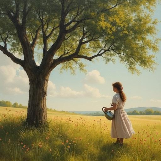 Oil painting style. A girl with a silver jug was waiting for her sweetheart under a tree in the field.