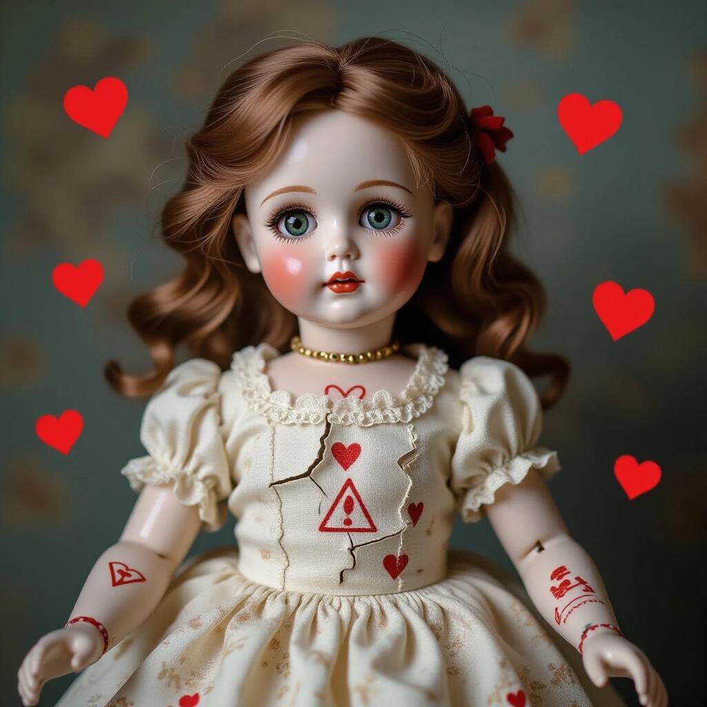 Porcelain doll has visible cracks and red symbols drawn on her face and arms. Wide-open eyes convey emotion. Doll is surrounded by red hearts and flames. Creepy yet delicate appearance.