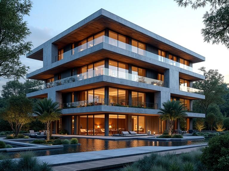Highly detailed architectural visualization of a modern luxury building. Features sleek glass facades and concrete elements. Expansive balconies with warm lighting. Set in an upscale urban environment with landscaping and water features. Clean lines and sophisticated materials. Harmonious blend of nature and architecture. Realistic style with professional camera settings and wide-angle perspective. Inviting atmosphere.