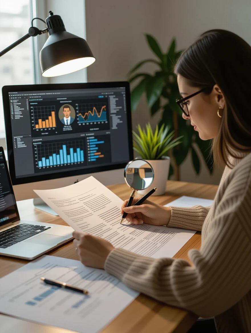Woman at desk examining documents with magnifying glass. Laptop and computer screen display graphs representing prospect research. Desk lamp provides light, creating concentrated atmosphere. Realistic photography with warm natural colors.