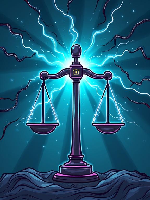 Cartoon illustration of a scale representing Ohm's law in electricity. Background features an electric glow and dynamic swirling lines. Visual appeal features bold colors and a whimsical style.