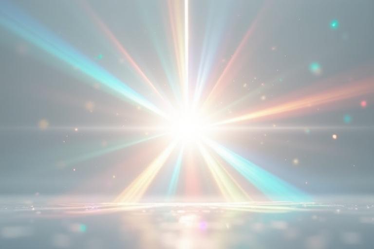 Dynamic scene with white lighting ray through prism splitting into vibrant spectrum. Background is light gray with scattered reflections on the surface.
