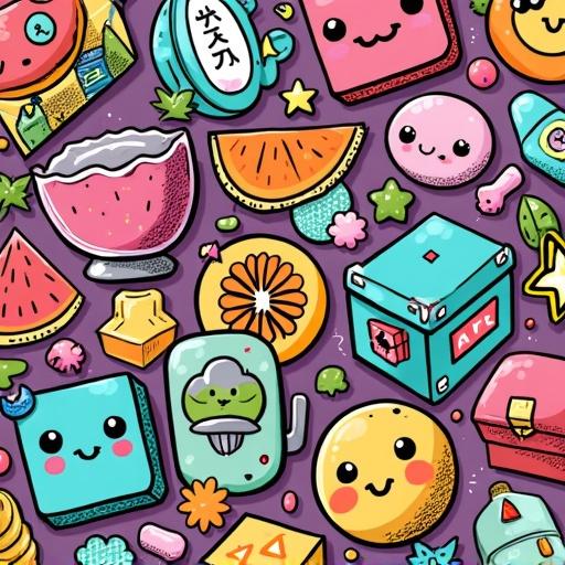 Vibrant and colorful doodle drawing. Kawaii board game items with thick black stroke lines. Items are tightly packed with no space in between. Features various cute objects.