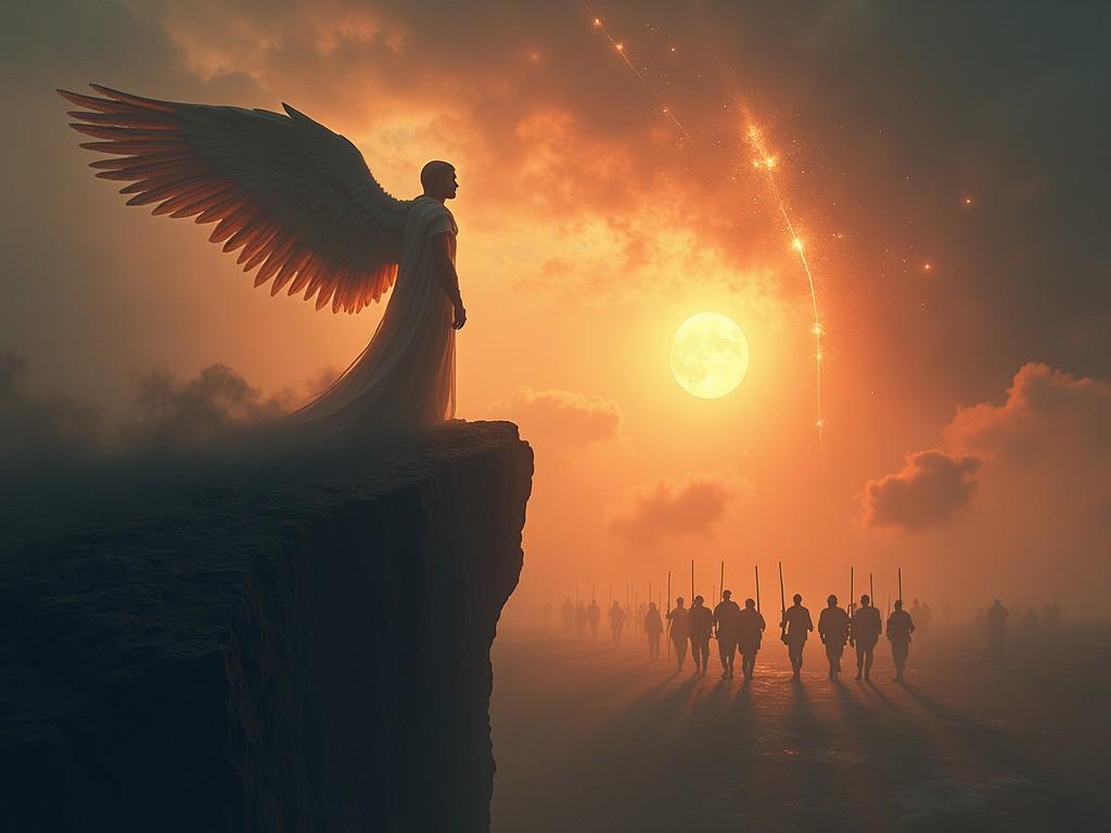 In a surreal landscape, an angelic figure with expansive wings stands on the edge of a cliff, overlooking a marching group of soldiers at dusk. The setting sun casts an ethereal glow, enveloping the scene in warm, golden hues, with a trail of celestial sparks streaking across the sky. This imagery evokes themes of guardianship and the eternal struggle between light and darkness.