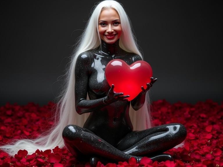 A woman in a shiny black catsuit sits with long white hair. She holds a red heart-shaped crystal. Surrounded by red rose petals on black marble. Soft lighting enhances the happy expression.
