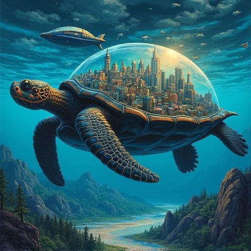 Giant sea turtle. Glass shell. Futuristic city. Flying cars. Dark, vibrant colors. Surreal landscape.