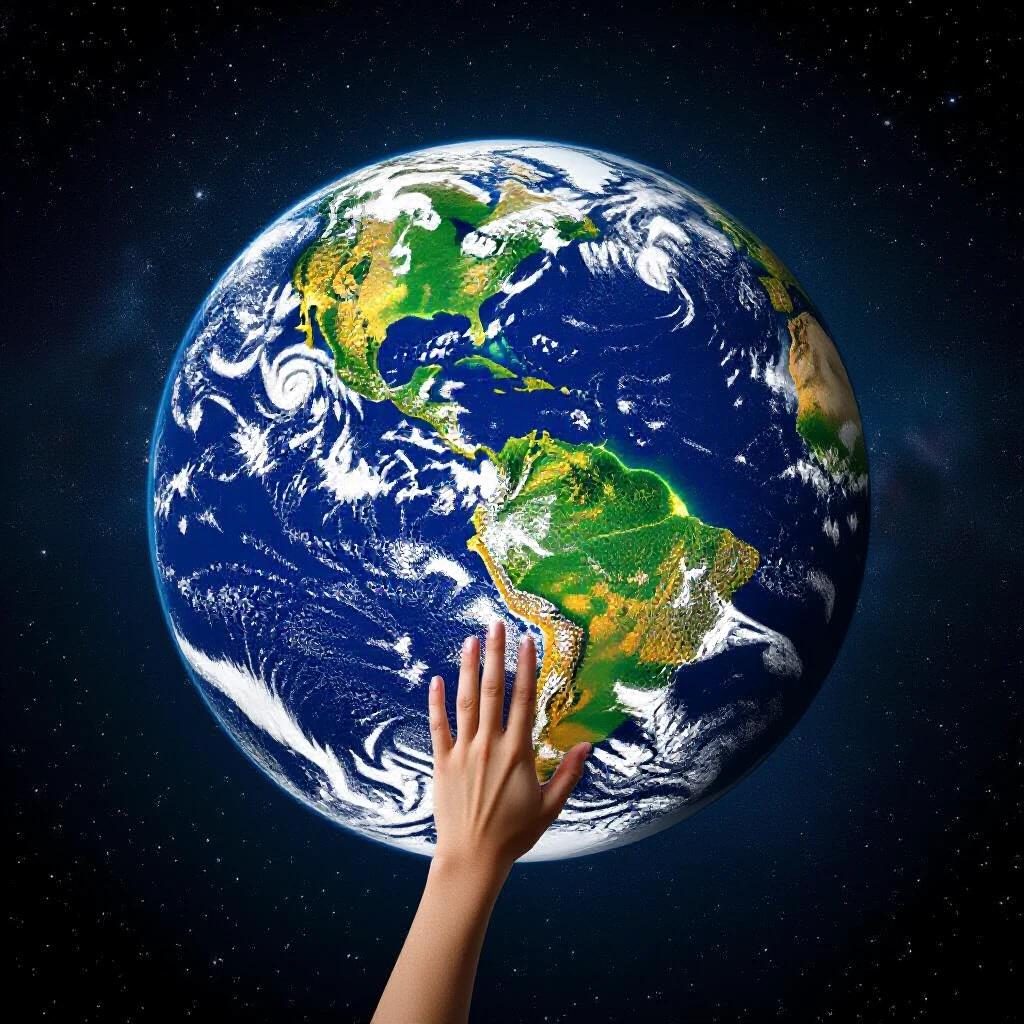 Hand touching planet Earth surrounded by space. Earth shows green and blue colors. Stars are in the background. The image symbolizes connection to the planet and environmental awareness.