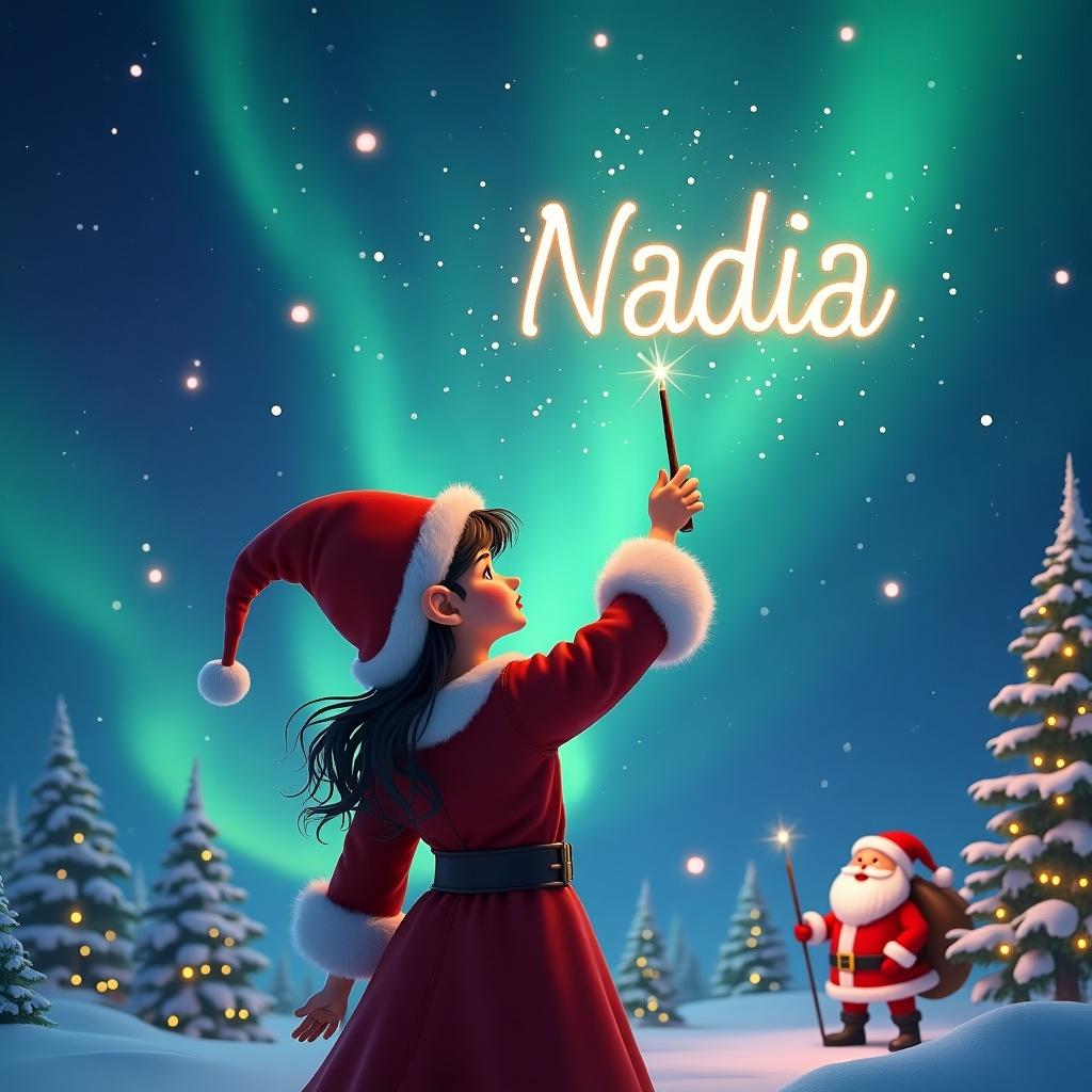 Elf facing magical sky. Using wand to write names. Background has northern lights and Santa. Name being written is 'Nadia'.