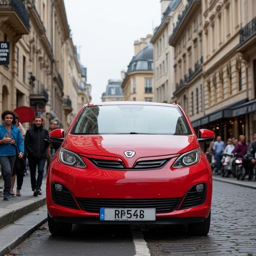 Red car parked along a street in Paris. People walking in the background. Buildings line the street with a historical architectural style. The atmosphere is vibrant and urban.