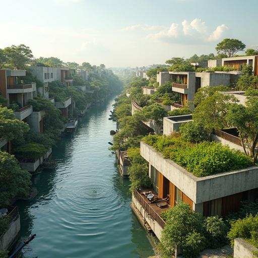 Modern housing along a canal showcases floating concrete barge family units. Revitalized 12th-century canals feature green balconies and roof gardens. Community amenities include solar-powered features. Engineers, teachers, and bureaucrats inhabit this space.