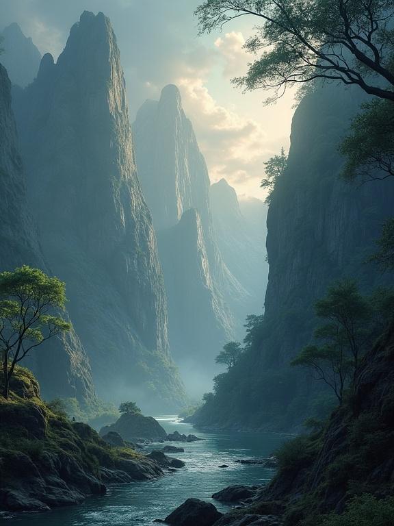Fantasy landscape with dramatic lighting and wide angle view. Features tall mountains looming over a tranquil river. Concept art style inspired by multiple artists. Atmosphere is ethereal and mystical.