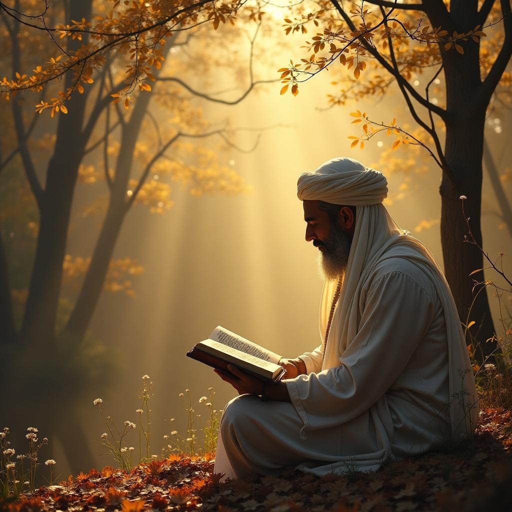 Person in traditional attire sits quietly in a serene forest. The individual is reading a book surrounded by autumn leaves, warm rays of sunlight shine down, creating a peaceful atmosphere.