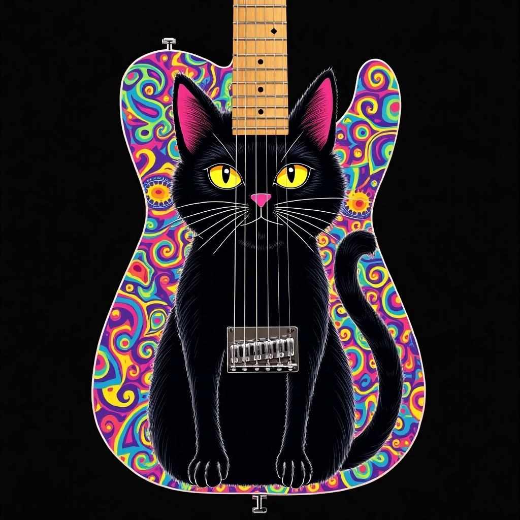 Gato negro con colores psicodélicos dentro de el golpeador de una Fender telecaster.